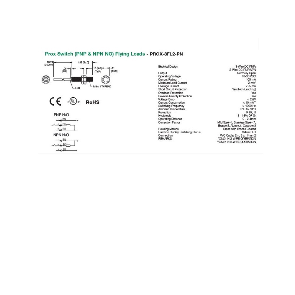 PROX-8FL2-PN NUMATICS/AVENTICS CYLINDER SWITCH PROX, PNP/NPN 10-30VDC, LED, 2M LEAD